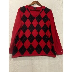 Tommy Hilfiger Women's XL Argyle Sweater Red‎ Y2K Preppy V Neck Long Sleeve